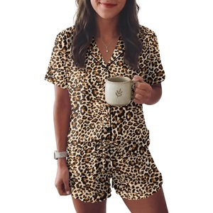 Ekouaer Womens Pajama Sets Button Down Short Sleeve Top and Shorts Cute Ruffled Pjs Sets Sleepwear(Cheetah)