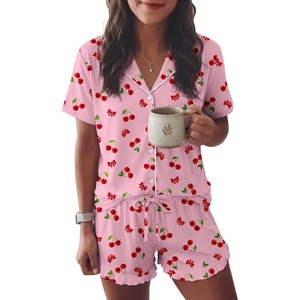 Ekouaer Womens Pajama Sets Button Down Short Sleeve Top and Shorts Cute Ruffled Pjs Sets Sleepwear(Cherry)