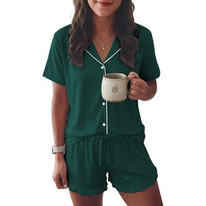 Ekouaer Womens Pajama Sets Button Down Short Sleeve Top and Shorts Cute Ruffled Pjs Sets Sleepwear(Green)