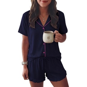 Ekouaer Womens Pajama Sets Button Down Short Sleeve Top and Shorts Cute Ruffled Pjs Sets Sleepwear(Navy)