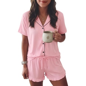 Ekouaer Womens Pajama Sets Button Down Short Sleeve Top and Shorts Cute Ruffled Pjs Sets Sleepwear(Pink)