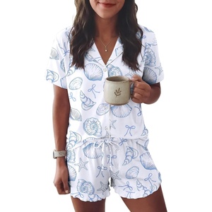 Ekouaer Womens Pajama Sets Button Down Short Sleeve Top and Shorts Cute Ruffled Pjs Sets Sleepwear(Shell World)