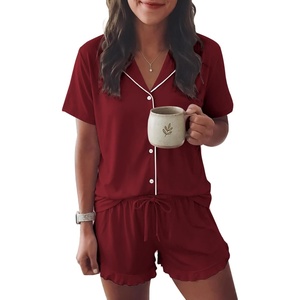Ekouaer Womens Pajama Sets Button Down Short Sleeve Top and Shorts Cute Ruffled Pjs Sets Sleepwear(Wine Red)