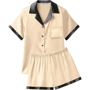 Ekouaer Womens Silk Satin Pajamas Set Short Sleeve Sleepwear Button Down Loungewear 2 Piece Pjs Shorts Set(Beige)