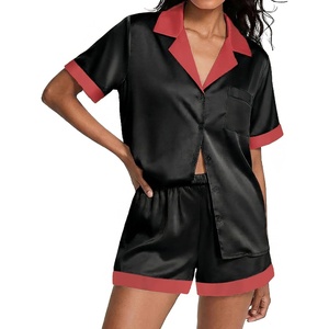 Ekouaer Womens Silk Satin Pajamas Set Short Sleeve Sleepwear Button Down Loungewear 2 Piece Pjs Shorts Set(Black)
