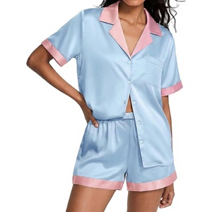 Ekouaer Womens Silk Satin Pajamas Set Short Sleeve Sleepwear Button Down Loungewear 2 Piece Pjs Shorts Set(Blue)