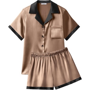 Ekouaer Womens Silk Satin Pajamas Set Short Sleeve Sleepwear Button Down Loungewear 2 Piece Pjs Shorts Set(Brown)