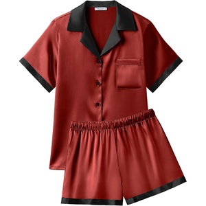 Ekouaer Womens Silk Satin Pajamas Set Short Sleeve Sleepwear Button Down Loungewear 2 Piece Pjs Shorts Set(Dark Red)