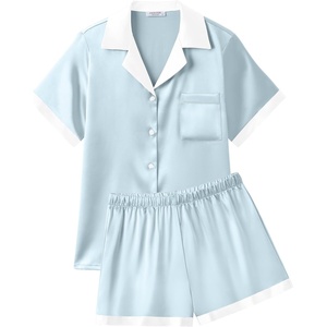 Ekouaer Womens Silk Satin Pajamas Set Short Sleeve Sleepwear Button Down Loungewear 2 Piece Pjs Shorts Set(Light Blue)