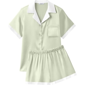 Ekouaer Womens Silk Satin Pajamas Set Short Sleeve Sleepwear Button Down Loungewear 2 Piece Pjs Shorts Set(Light Green)
