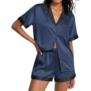 Ekouaer Womens Silk Satin Pajamas Set Short Sleeve Sleepwear Button Down Loungewear 2 Piece Pjs Shorts Set(Navy Blue)