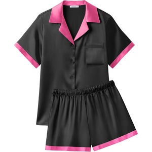 Ekouaer Womens Silk Satin Pajamas Set Short Sleeve Sleepwear Button Down Loungewear 2 Piece Pjs Shorts Set(Noble Black)