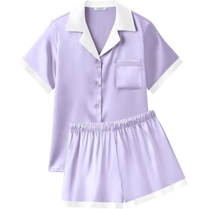 Ekouaer Womens Silk Satin Pajamas Set Short Sleeve Sleepwear Button Down Loungewear 2 Piece Pjs Shorts Set(Purple)