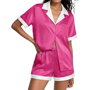 Ekouaer Womens Silk Satin Pajamas Set Short Sleeve Sleepwear Button Down Loungewear 2 Piece Pjs Shorts Set(Rose Red)