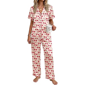 Ekouaer Womens Silky Satin Pajamas Set Short Sleeve Button Down Sleepwear 2 Piece Lounge Set Pj Set(Beige Cherry)