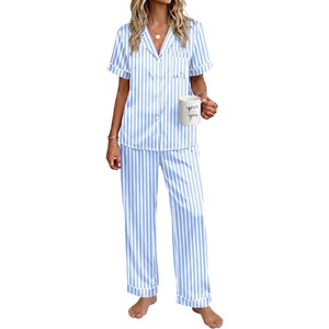 Ekouaer Womens Silky Satin Pajamas Set Short Sleeve Button Down Sleepwear 2 Piece Lounge Set Pj Set(Blue Stripes)