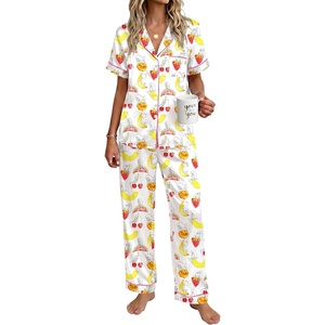 Ekouaer Womens Silky Satin Pajamas Set Short Sleeve Button Down Sleepwear 2 Piece Lounge Set Pj Set(Fruit and Woman)