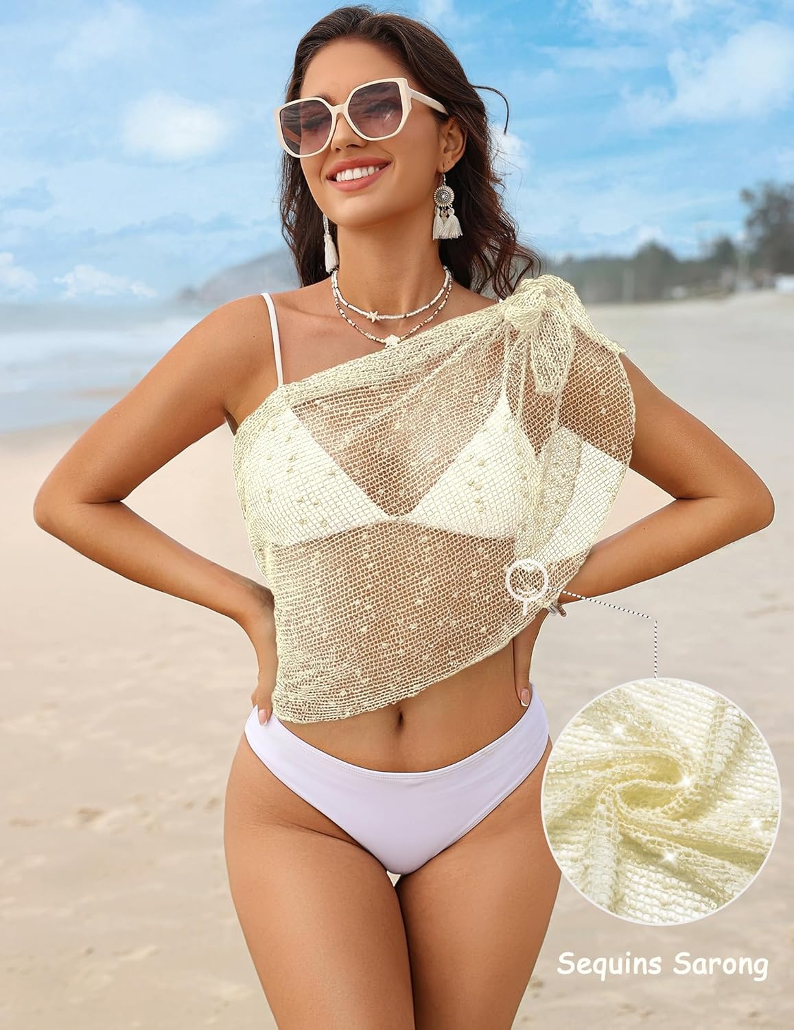image:imageEkouaer Sarong Wraps for Women Beach Cover Up Short Crochet Bikini Swimsuit Coverup Skirts for Swimwear SXXLBeige