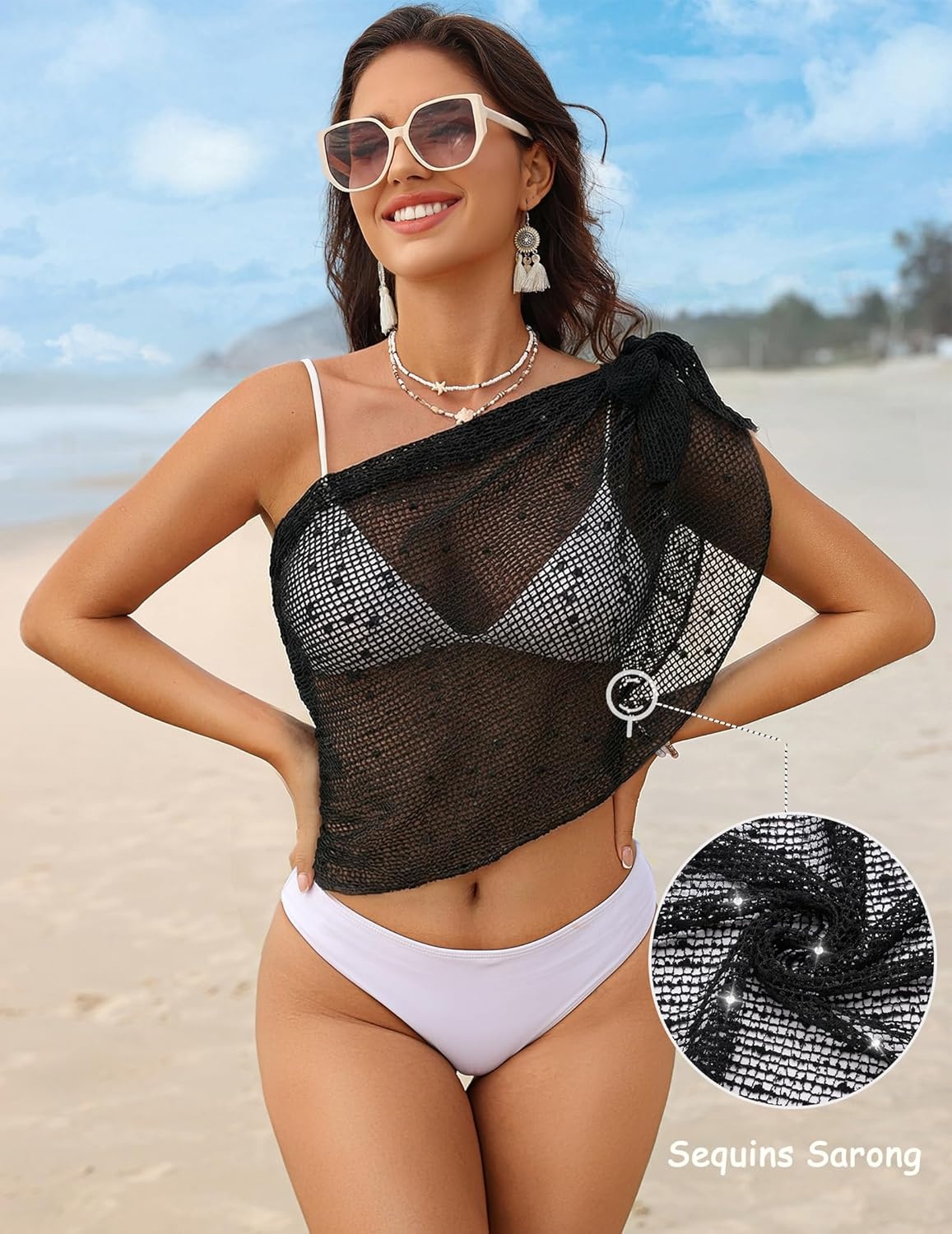 image:imageEkouaer Sarong Wraps for Women Beach Cover Up Short Crochet Bikini Swimsuit Coverup Skirts for Swimwear SXXLBlack