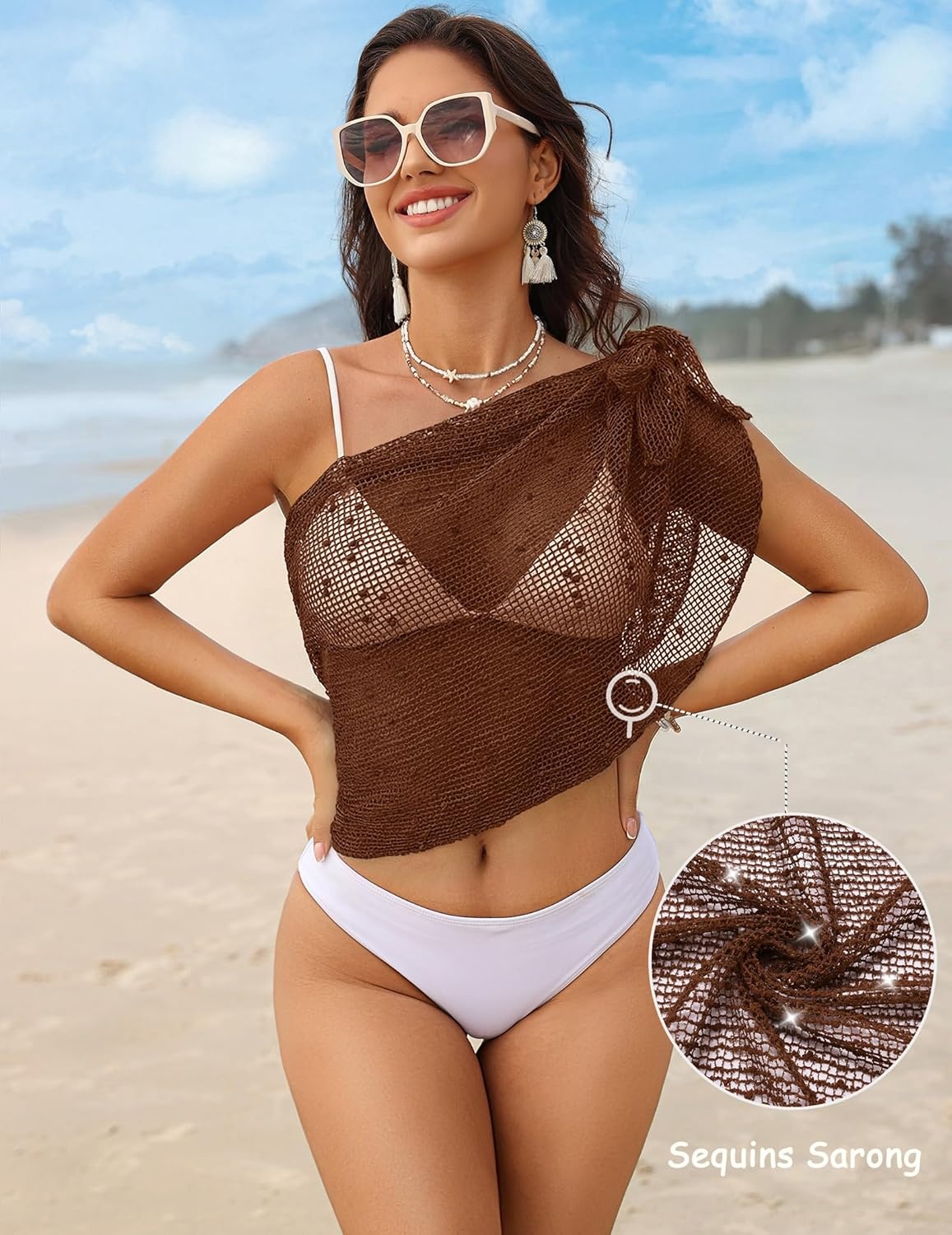 image:imageEkouaer Sarong Wraps for Women Beach Cover Up Short Crochet Bikini Swimsuit Coverup Skirts for Swimwear SXXLDark Coffee