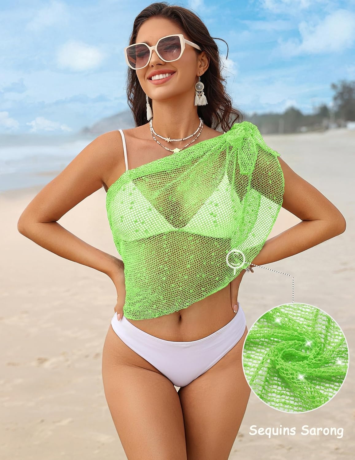 image:imageEkouaer Sarong Wraps for Women Beach Cover Up Short Crochet Bikini Swimsuit Coverup Skirts for Swimwear SXXLGreen