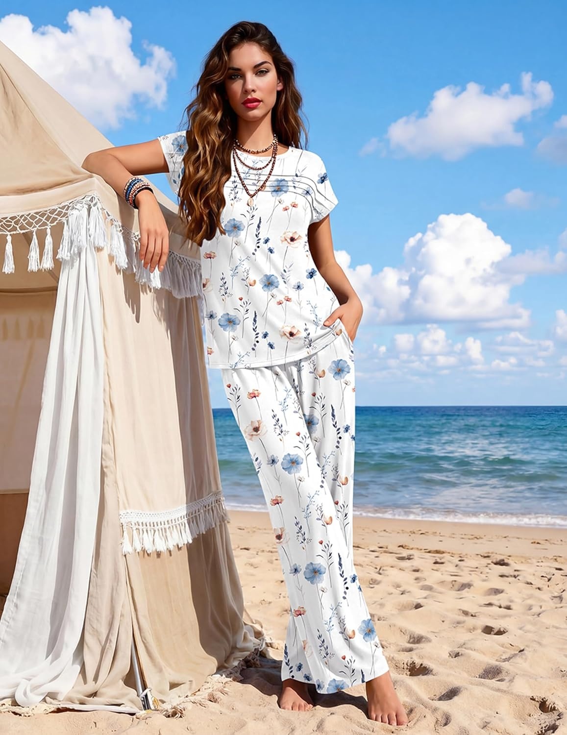 image:imageEkouaer Two Piece Sets for Women Summer Soft Casual Cap Sleeve Lounge Sets Travel Vacation Airport OutfitsFloral White