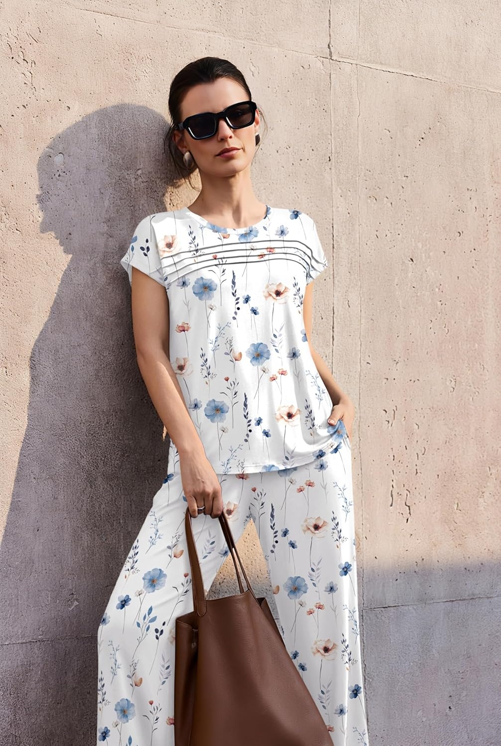 image:imageEkouaer Two Piece Sets for Women Summer Soft Casual Cap Sleeve Lounge Sets Travel Vacation Airport OutfitsFloral White