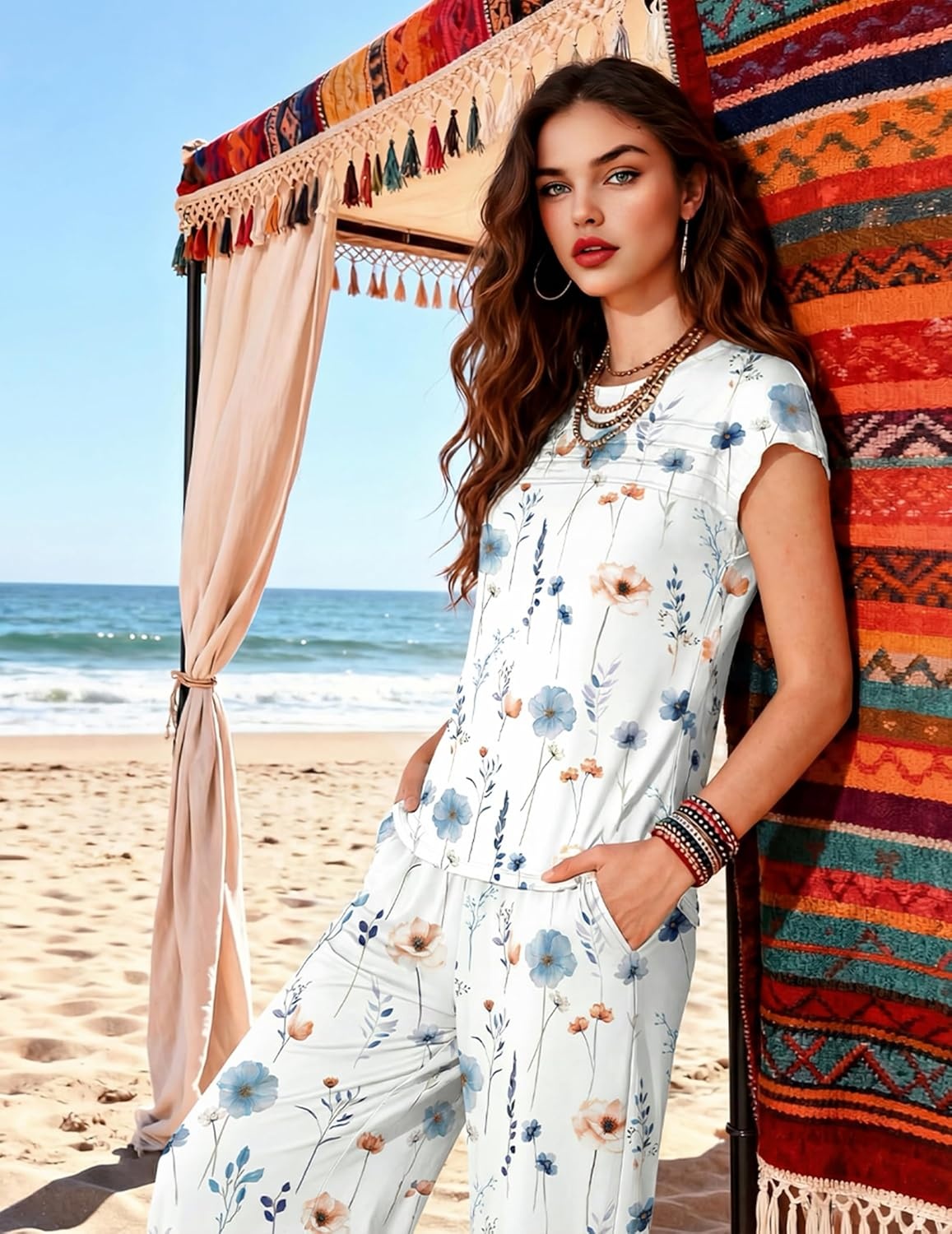 image:imageEkouaer Two Piece Sets for Women Summer Soft Casual Cap Sleeve Lounge Sets Travel Vacation Airport OutfitsFloral White