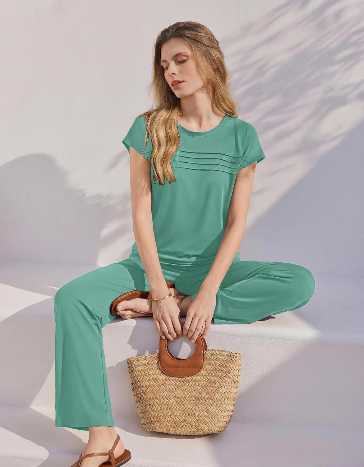 image:imageEkouaer Two Piece Sets for Women Summer Soft Casual Cap Sleeve Lounge Sets Travel Vacation Airport OutfitsGreen Gray