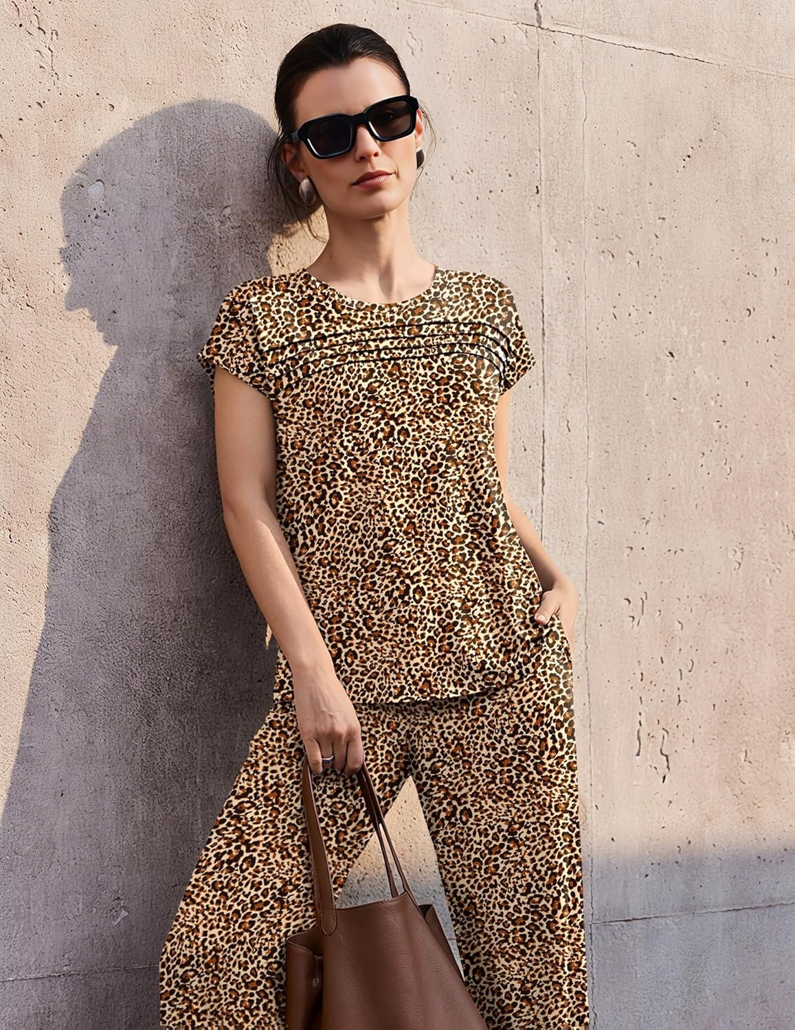 image:imageEkouaer Two Piece Sets for Women Summer Soft Casual Cap Sleeve Lounge Sets Travel Vacation Airport OutfitsLeopard