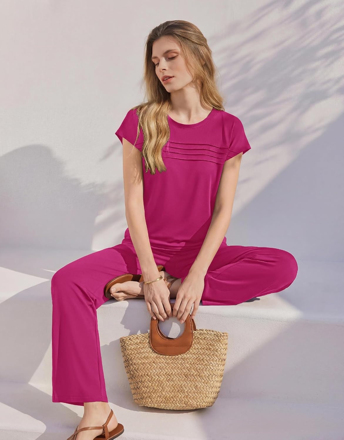 image:imageEkouaer Two Piece Sets for Women Summer Soft Casual Cap Sleeve Lounge Sets Travel Vacation Airport OutfitsRose Red
