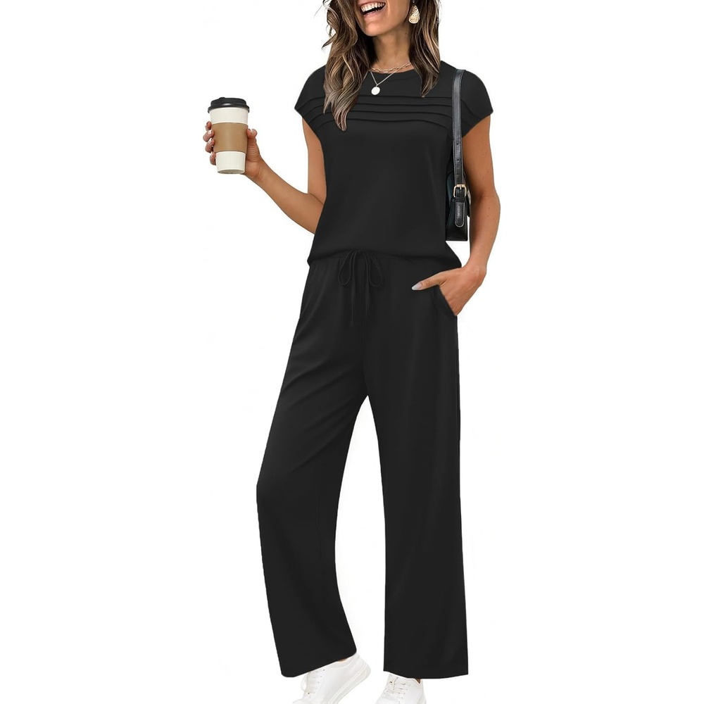 image:imageEkouaer Two Piece Sets for Women Summer Soft Casual Cap Sleeve Lounge Sets Travel Vacation Airport OutfitsBlack