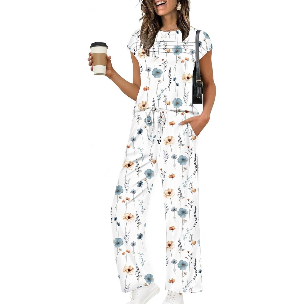 image:imageEkouaer Two Piece Sets for Women Summer Soft Casual Cap Sleeve Lounge Sets Travel Vacation Airport OutfitsFloral White
