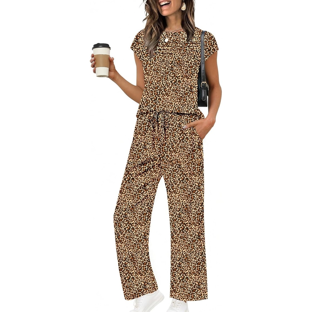 image:imageEkouaer Two Piece Sets for Women Summer Soft Casual Cap Sleeve Lounge Sets Travel Vacation Airport OutfitsLeopard
