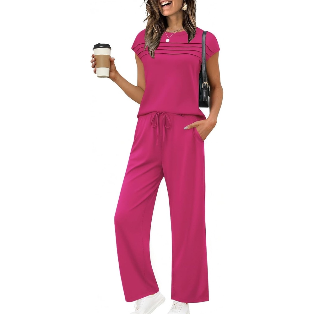 image:imageEkouaer Two Piece Sets for Women Summer Soft Casual Cap Sleeve Lounge Sets Travel Vacation Airport OutfitsRose Red
