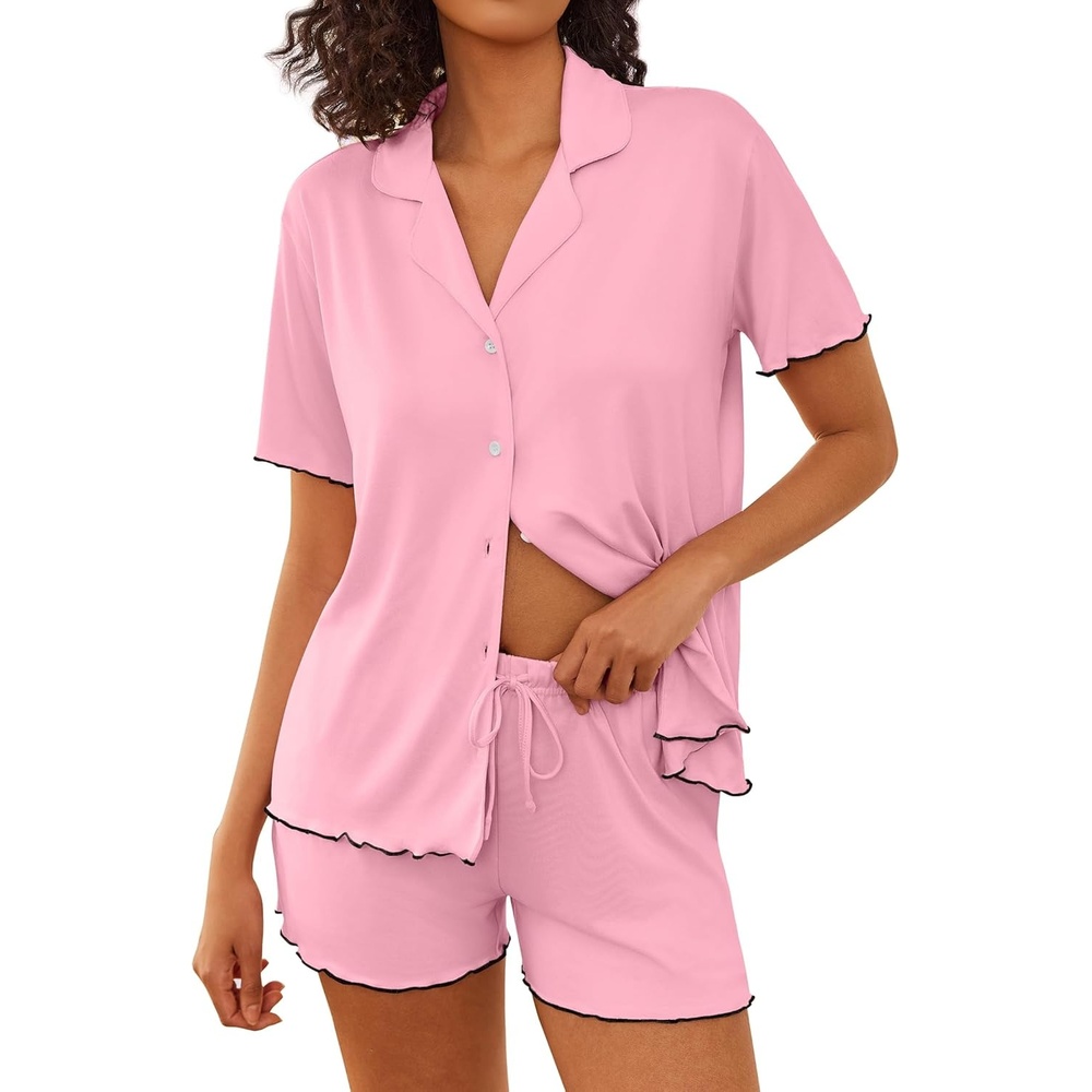 image:imageEkouaer Womens Pajama Sets Button Up Bride Pjs Set 2 Piece Soft Sleepwear Short Sleeve Lounge Sets with Shorts SXXL