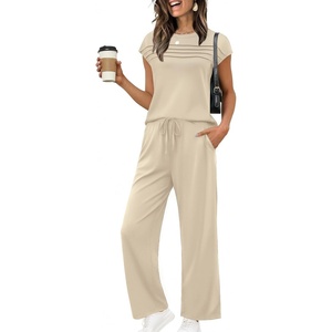 Ekouaer Two Piece Sets for Women Summer Soft Casual Cap Sleeve Lounge Sets Travel Vacation Airport Outfits(Beige)