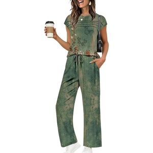Ekouaer Two Piece Sets for Women Summer Soft Casual Cap Sleeve Lounge Sets Travel Vacation Airport Outfits(Floral Green)