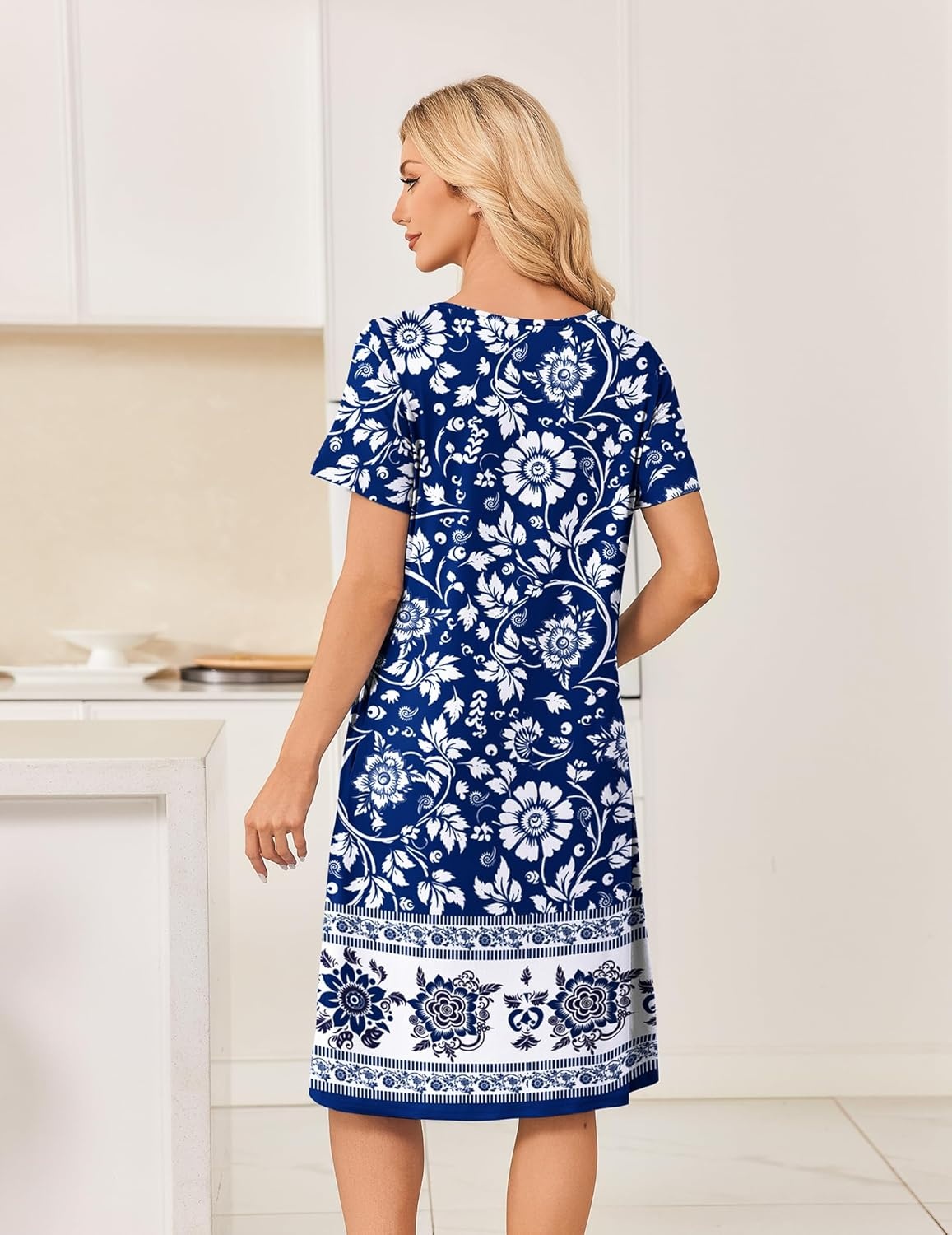 image:imageEkouaer Nightgowns for Women Short Sleeve House Dresses with Pockets Pleated Moo moos Floral Print Mumu DressBlue Bohemian Flowers
