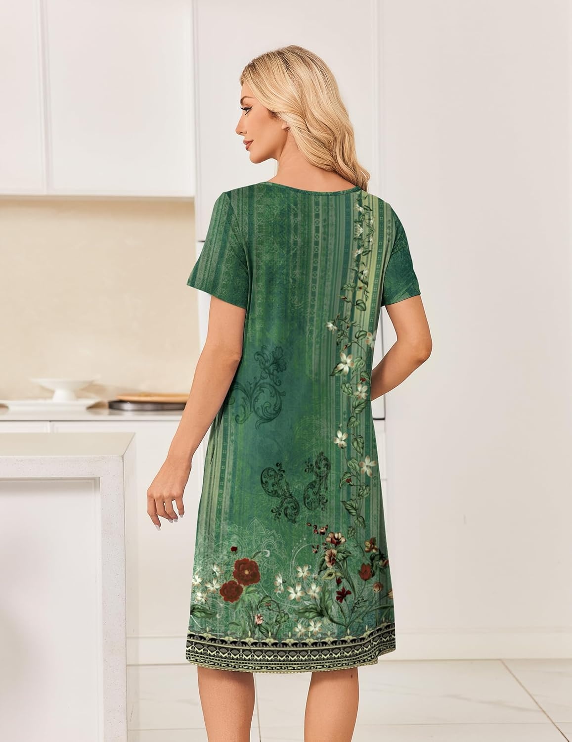 image:imageEkouaer Nightgowns for Women Short Sleeve House Dresses with Pockets Pleated Moo moos Floral Print Mumu DressFloral Green