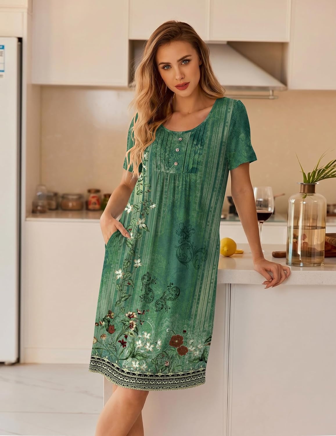 image:imageEkouaer Nightgowns for Women Short Sleeve House Dresses with Pockets Pleated Moo moos Floral Print Mumu DressFloral Green