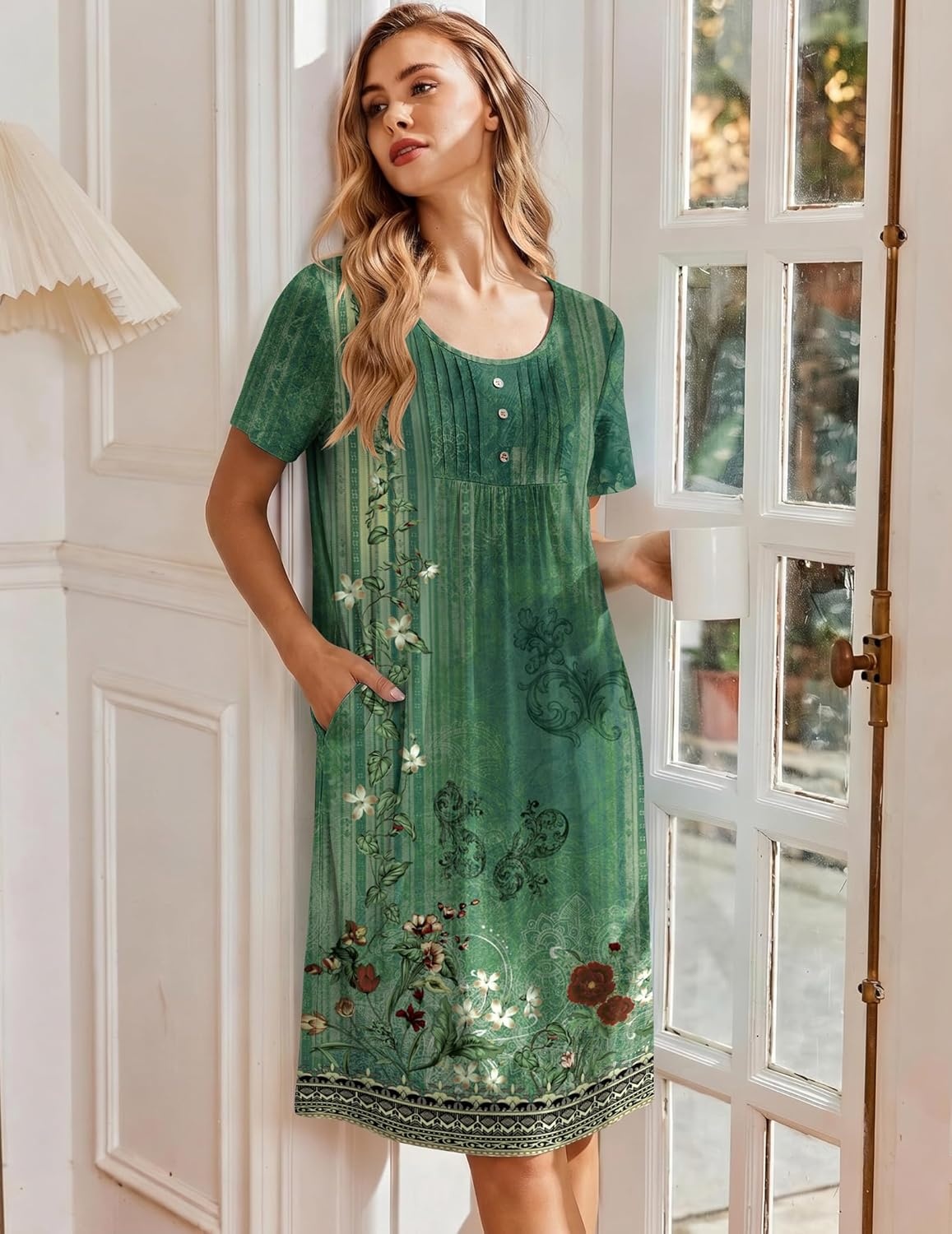 image:imageEkouaer Nightgowns for Women Short Sleeve House Dresses with Pockets Pleated Moo moos Floral Print Mumu DressFloral Green
