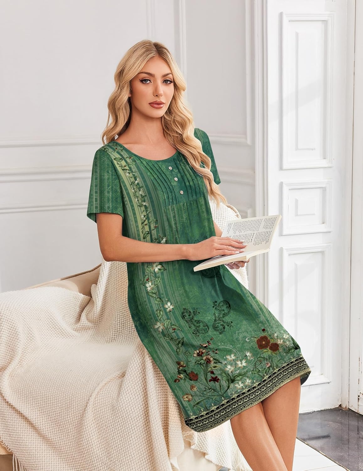 image:imageEkouaer Nightgowns for Women Short Sleeve House Dresses with Pockets Pleated Moo moos Floral Print Mumu DressFloral Green