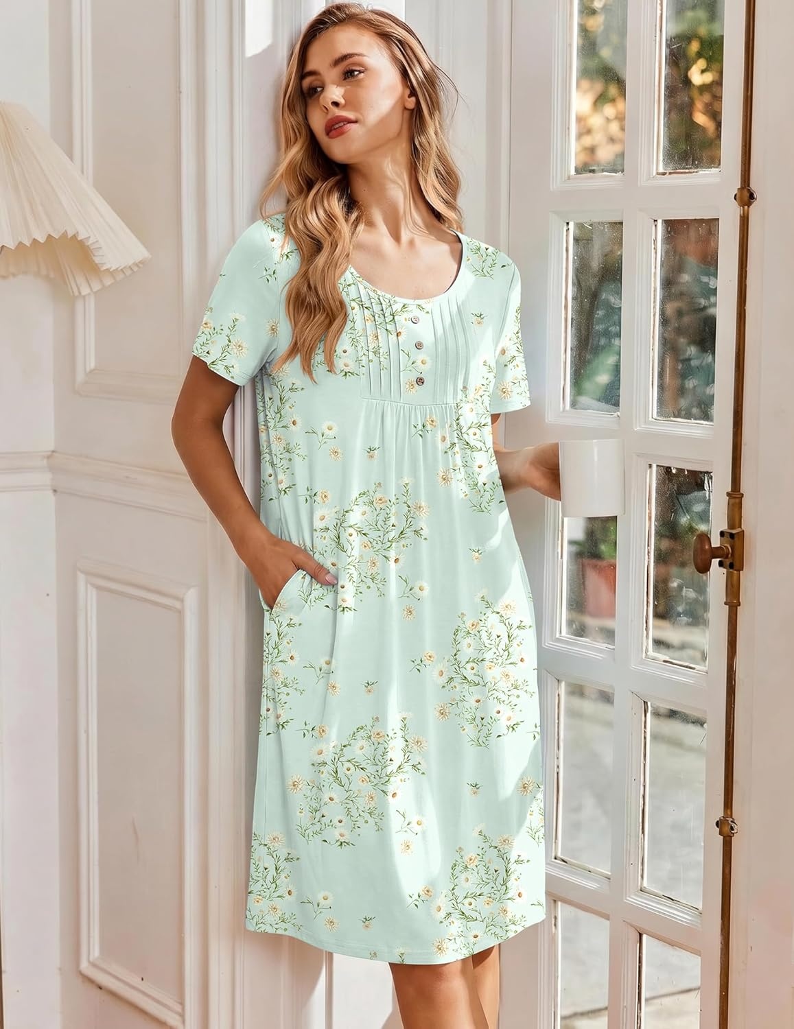 image:imageEkouaer Nightgowns for Women Short Sleeve House Dresses with Pockets Pleated Moo moos Floral Print Mumu DressFloral Light Green
