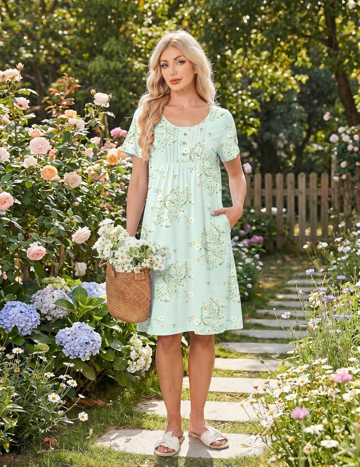 image:imageEkouaer Nightgowns for Women Short Sleeve House Dresses with Pockets Pleated Moo moos Floral Print Mumu DressFloral Light Green