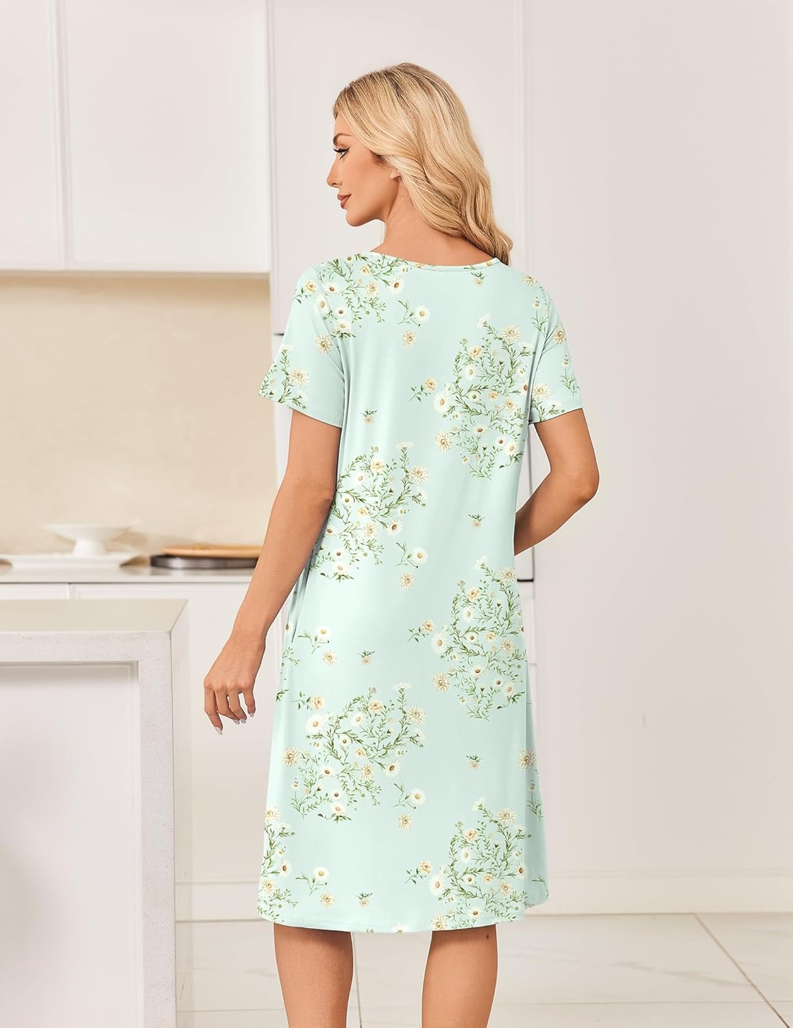 image:imageEkouaer Nightgowns for Women Short Sleeve House Dresses with Pockets Pleated Moo moos Floral Print Mumu DressFloral Light Green