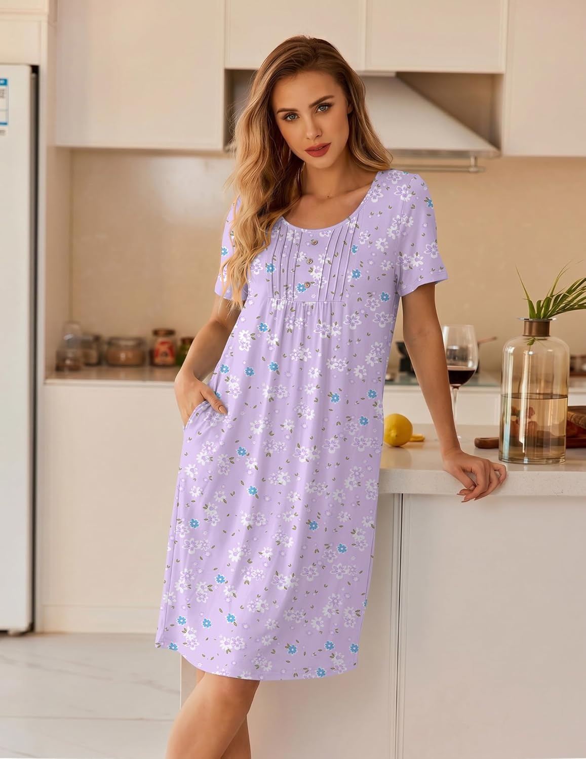 image:imageEkouaer Nightgowns for Women Short Sleeve House Dresses with Pockets Pleated Moo moos Floral Print Mumu DressFloral Light Purple