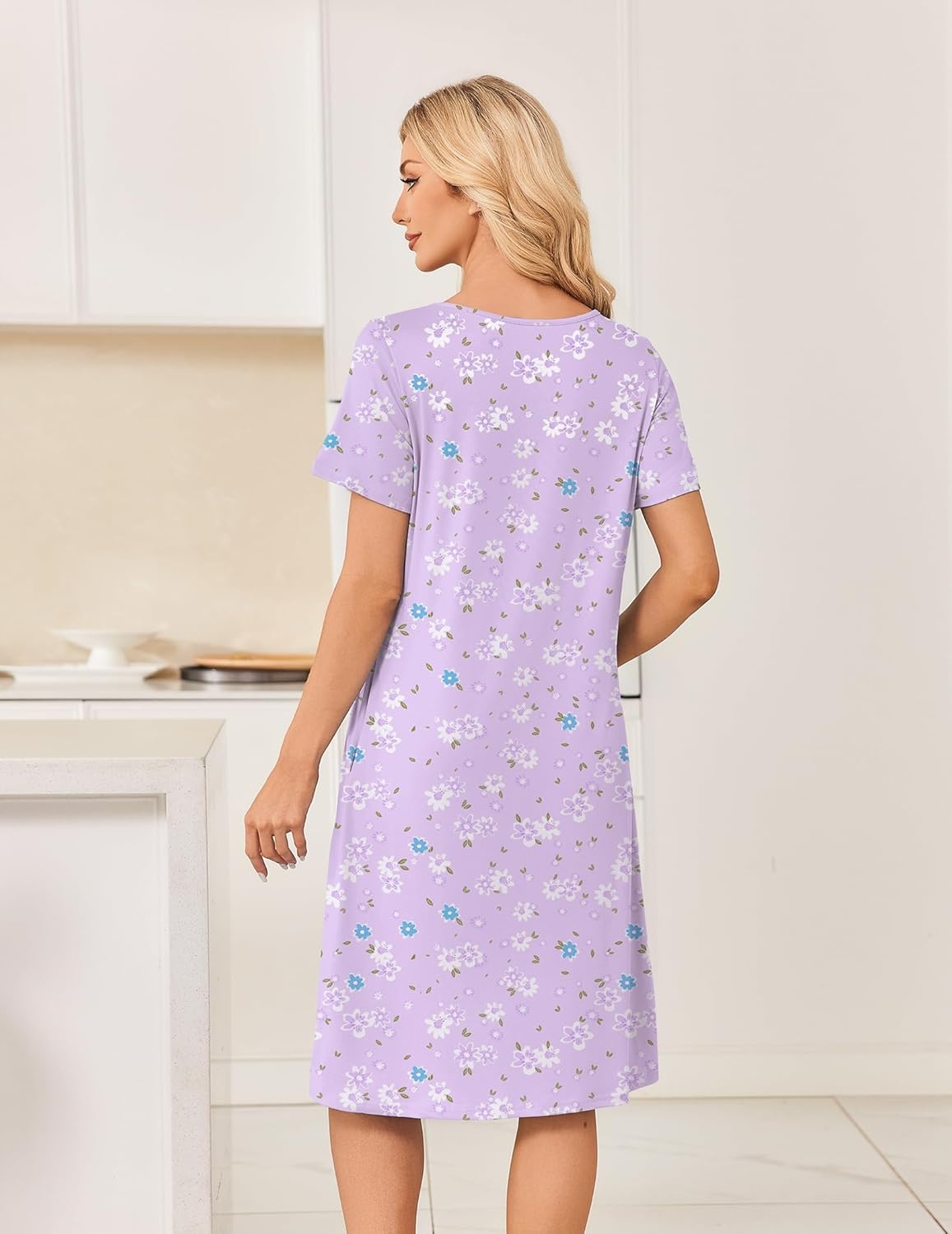 image:imageEkouaer Nightgowns for Women Short Sleeve House Dresses with Pockets Pleated Moo moos Floral Print Mumu DressFloral Light Purple