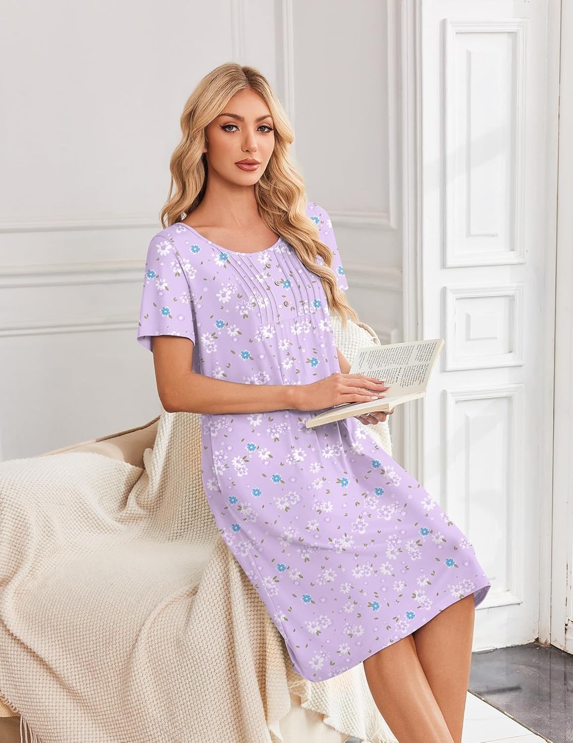image:imageEkouaer Nightgowns for Women Short Sleeve House Dresses with Pockets Pleated Moo moos Floral Print Mumu DressFloral Light Purple