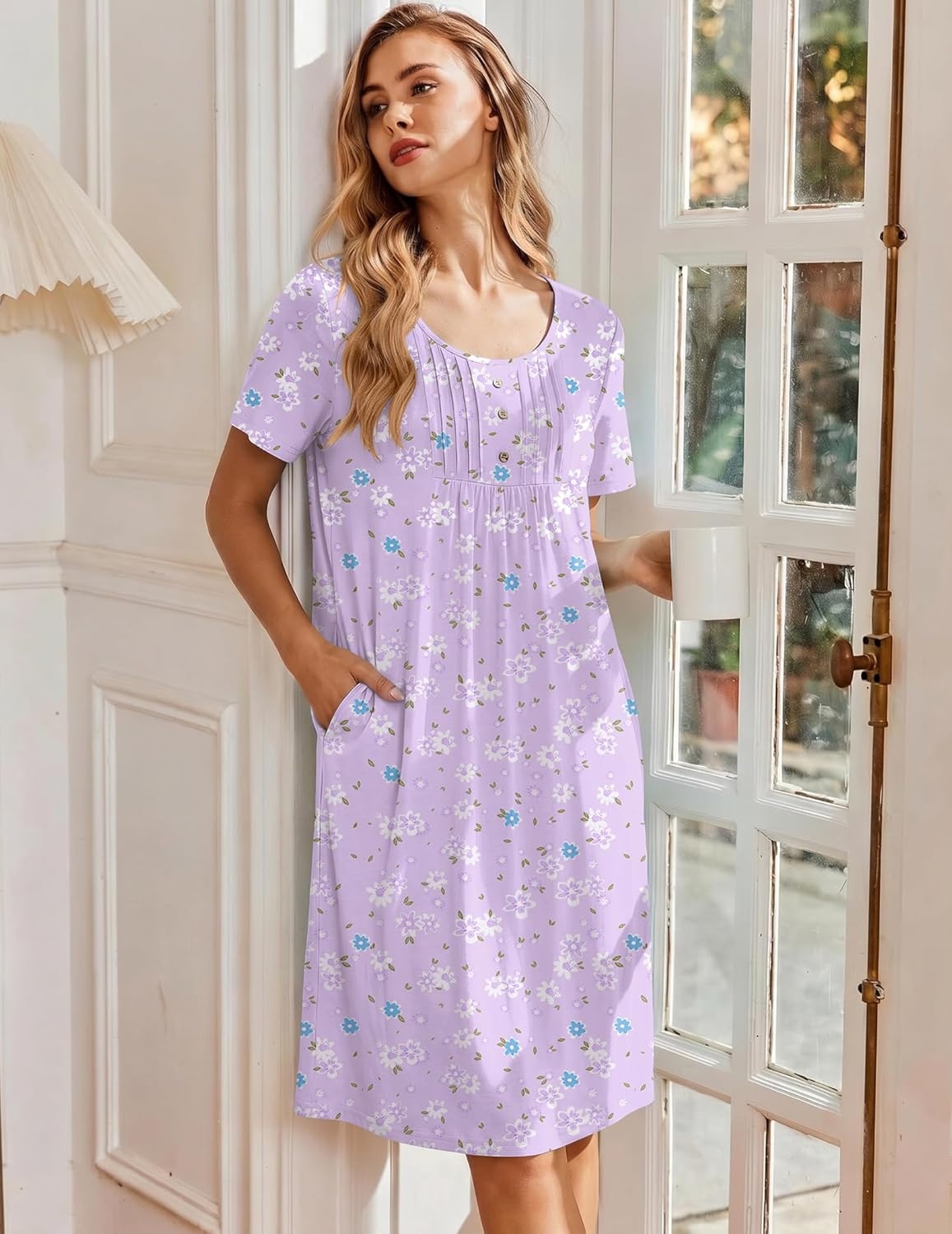 image:imageEkouaer Nightgowns for Women Short Sleeve House Dresses with Pockets Pleated Moo moos Floral Print Mumu DressFloral Light Purple